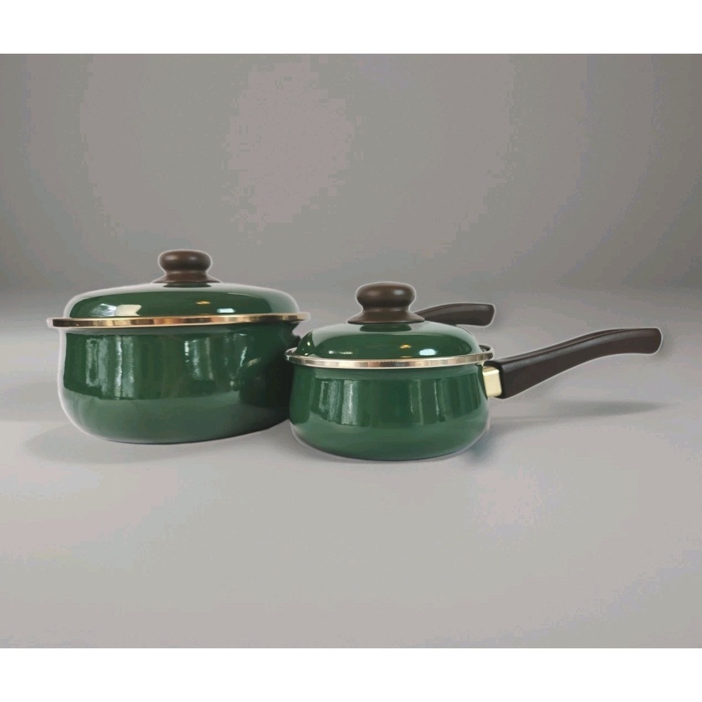 VTG 4-Pc Encore Green Enamel Saucepan Pot Set Lidded 1QT & 3QT Made in Spain MCM